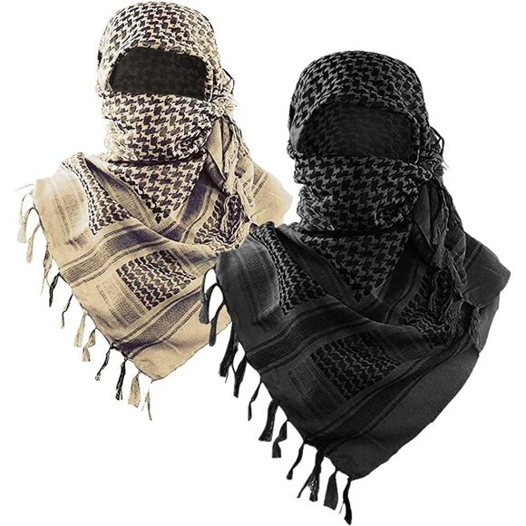 Men Black/Beige 2pack Military Shemagh Tactical Desert Cotton Kefiyeh Scarf Wrap - Picture 1 of 8